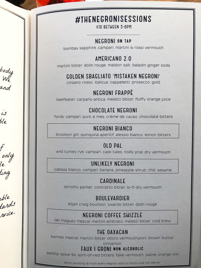 Cafe Dante NYC Negroni Menu