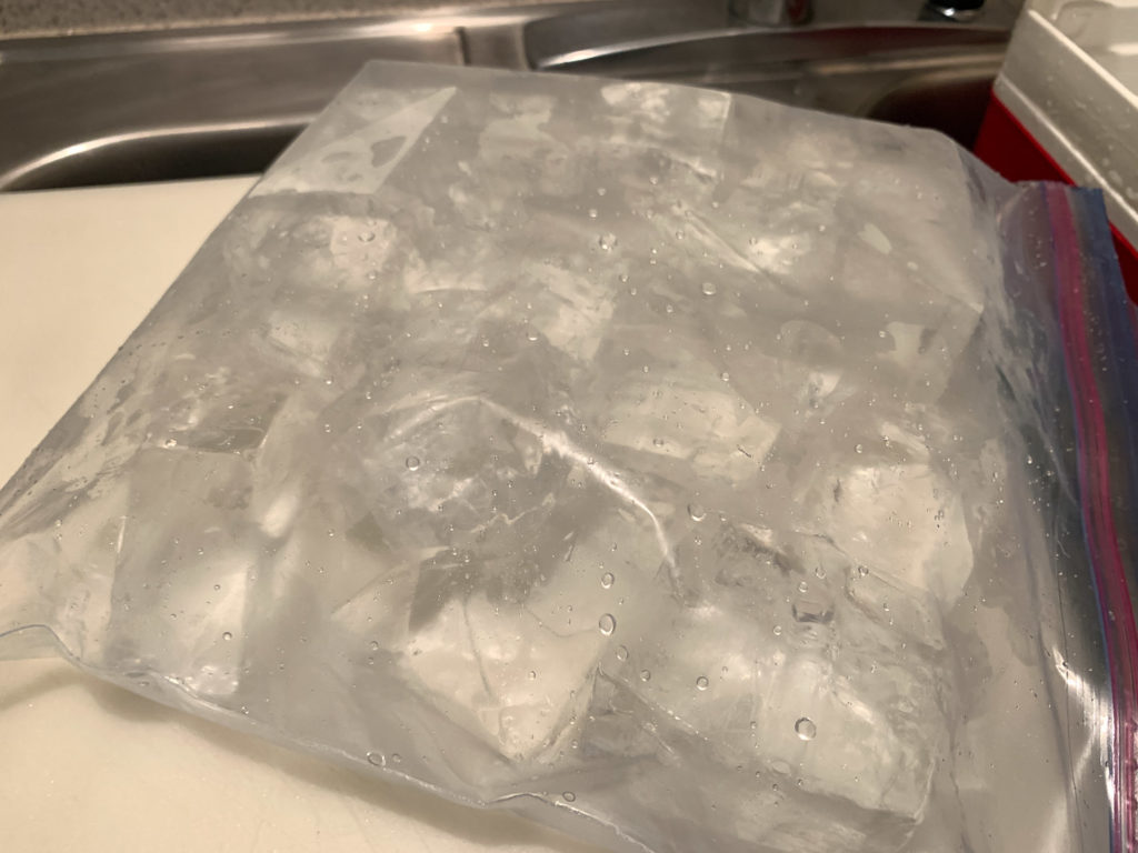 Finished bag of home made clear ice cubes.