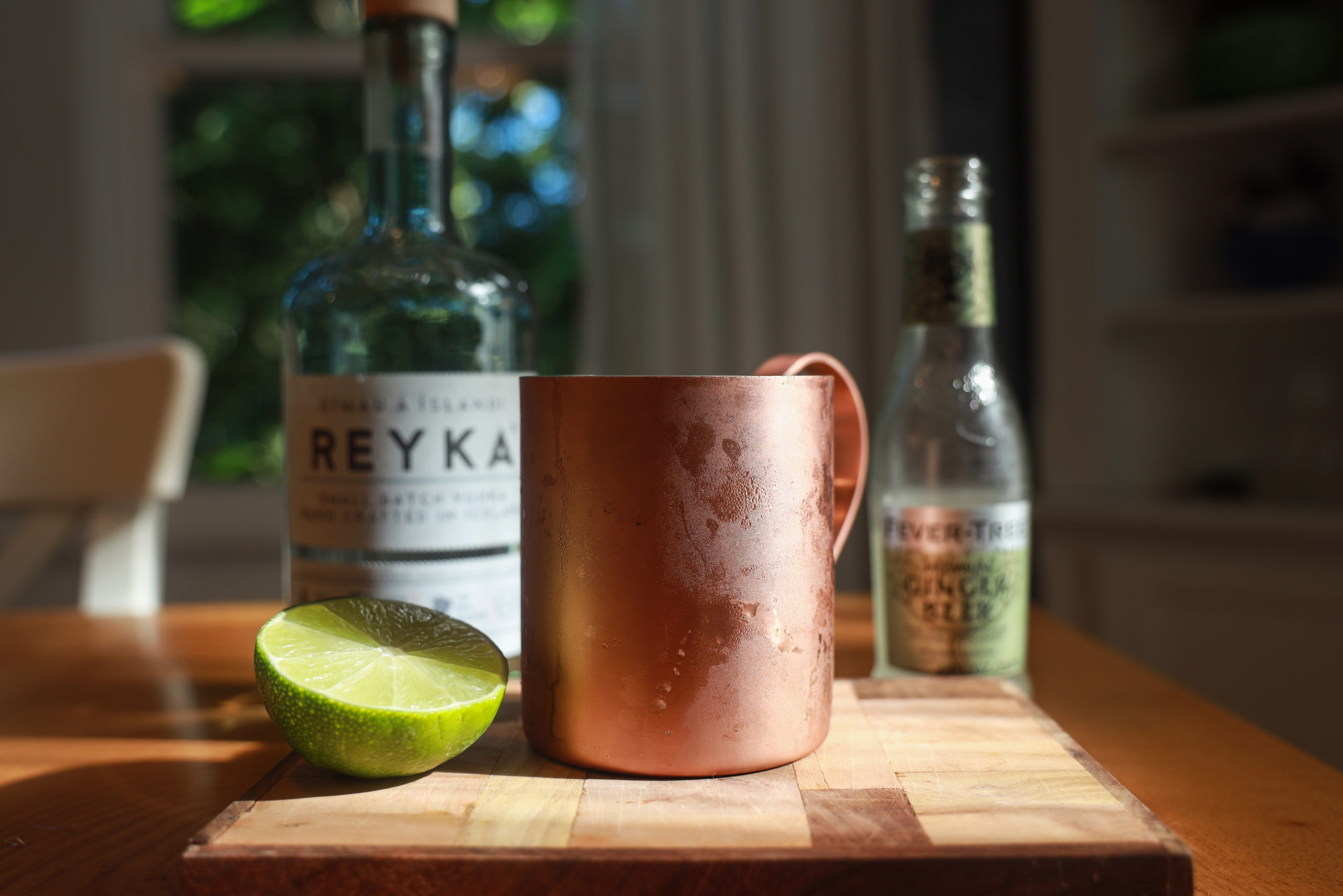 Moscow Mule cocktail in a copper mug with Reyka vodka and Fever Tree ginger beer.