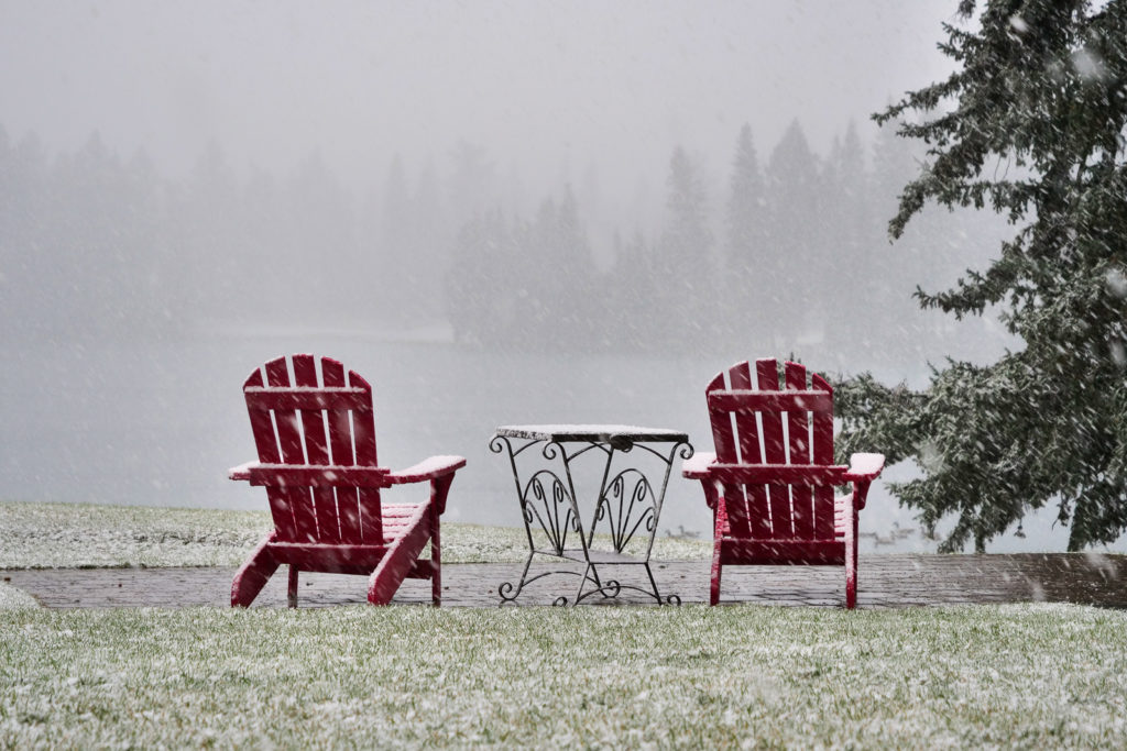 Jasper Park Lodge snow flurries.